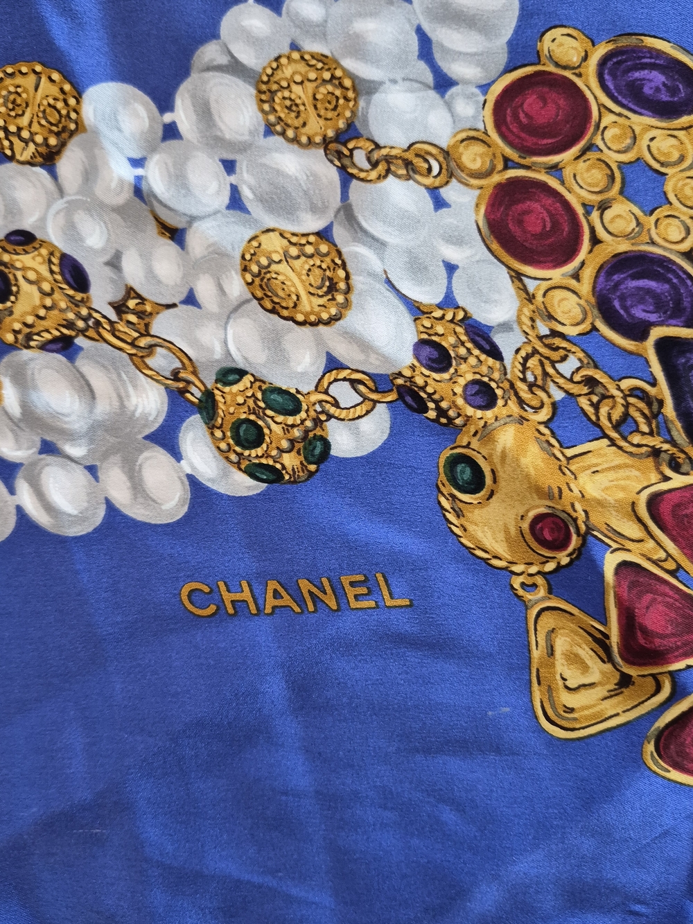 Vintage Chanel Blue Silk Scarf with Jewel Chain Border 33" Made In Italy - Picture 2 of 11